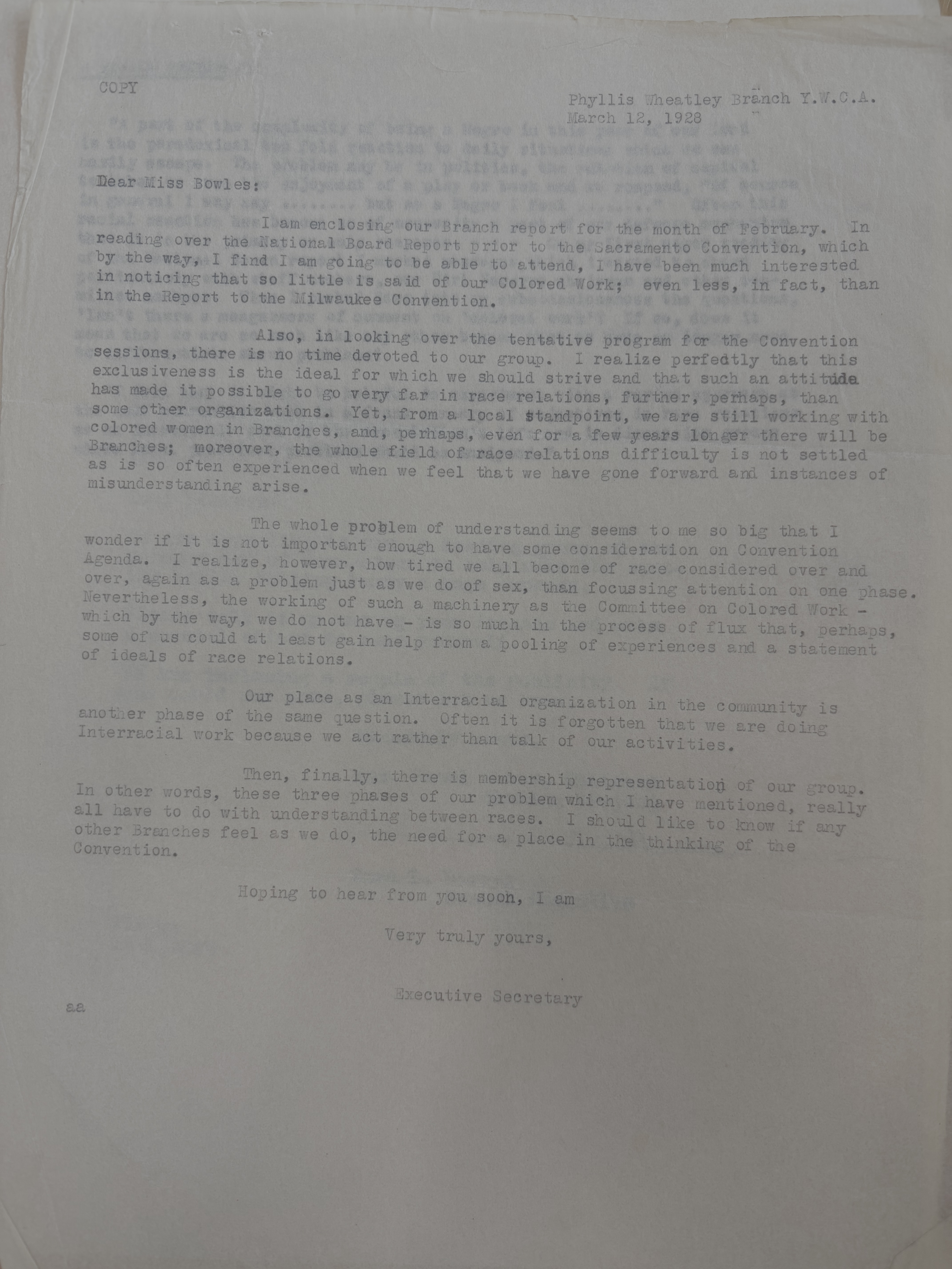 archive letter regarding convention proceedings