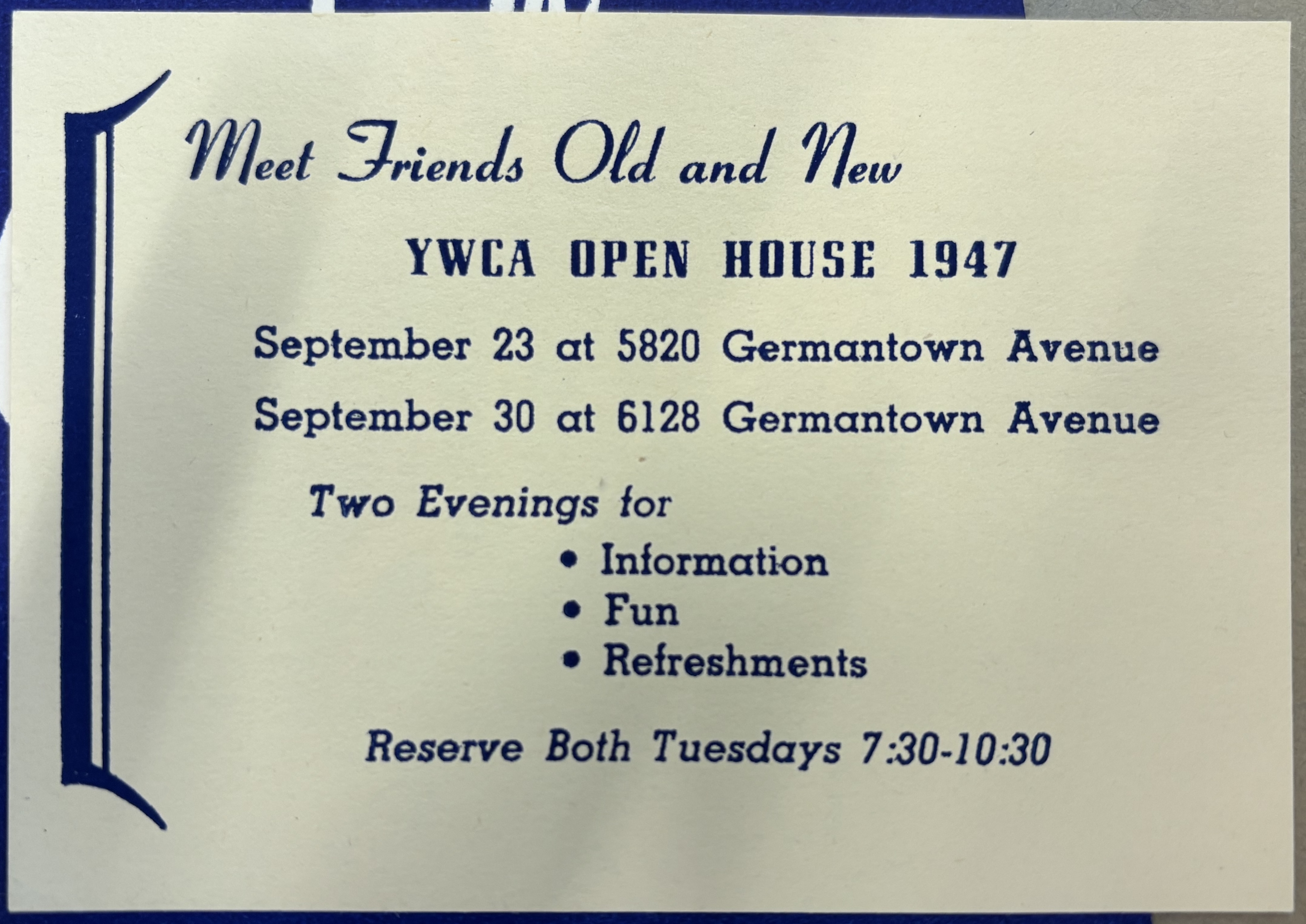 Open House announcement at the YWCA in 1947