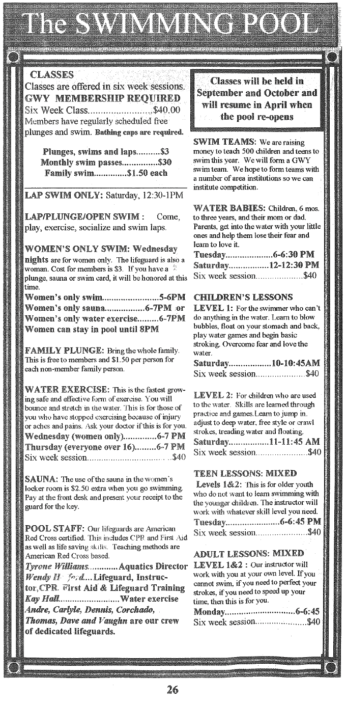 Y Pool Schedule/Classes, GWY 2000-2001 Brochure (1)
