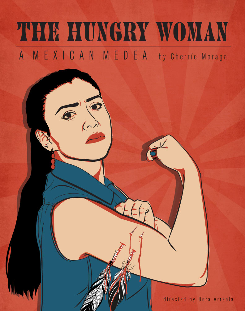 Drawn image of a Mexican woman in a denim vest against a red background. She is flexing one arm in a Rosie the Rivter pose with two feather capped needles piercing her bicep.