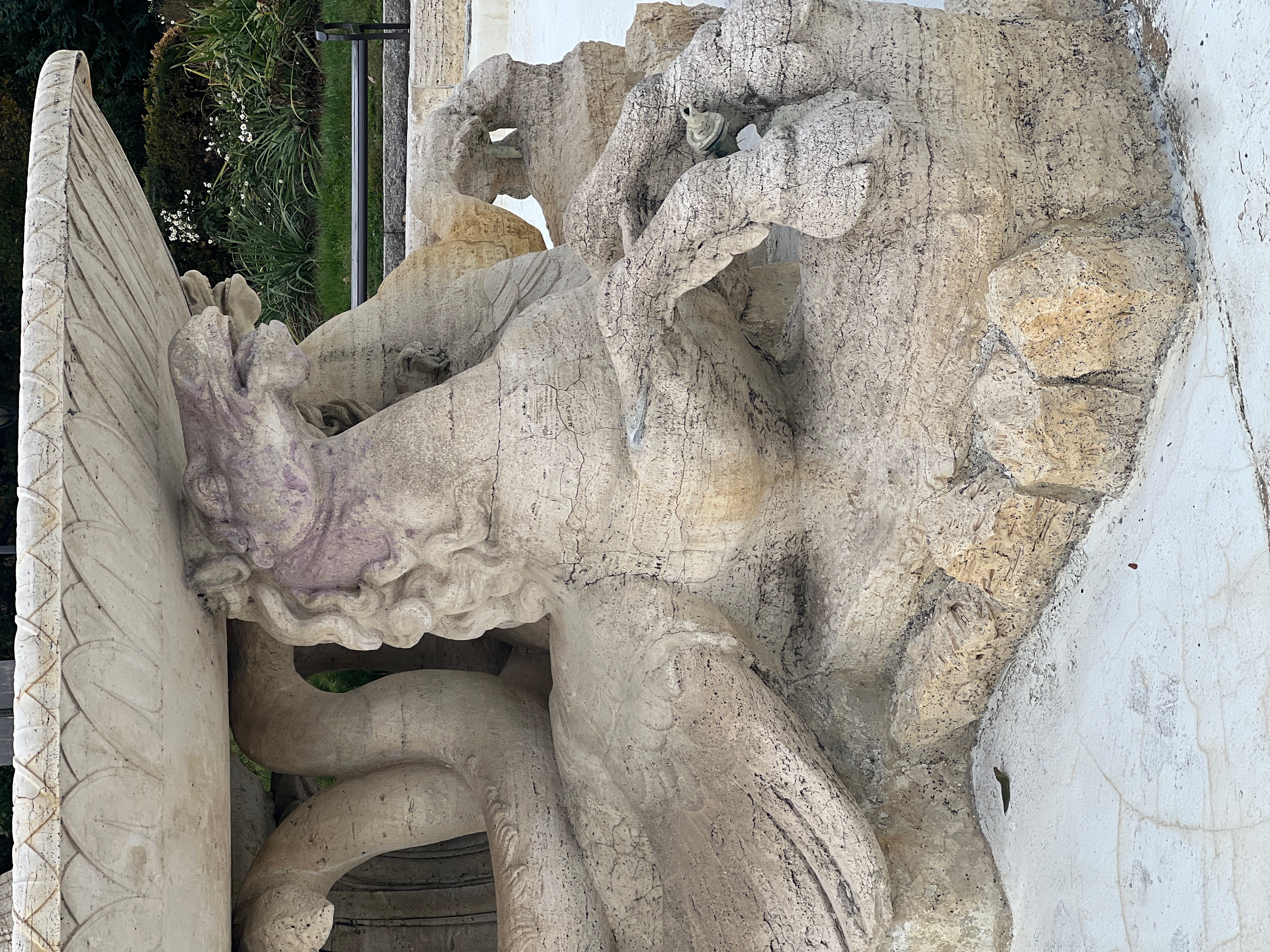 Close up image of one of the seahorses on the fountain