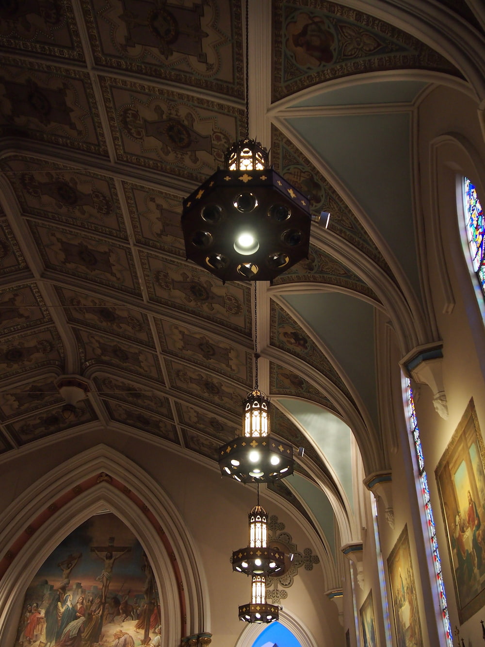 View of the ceiling of a church