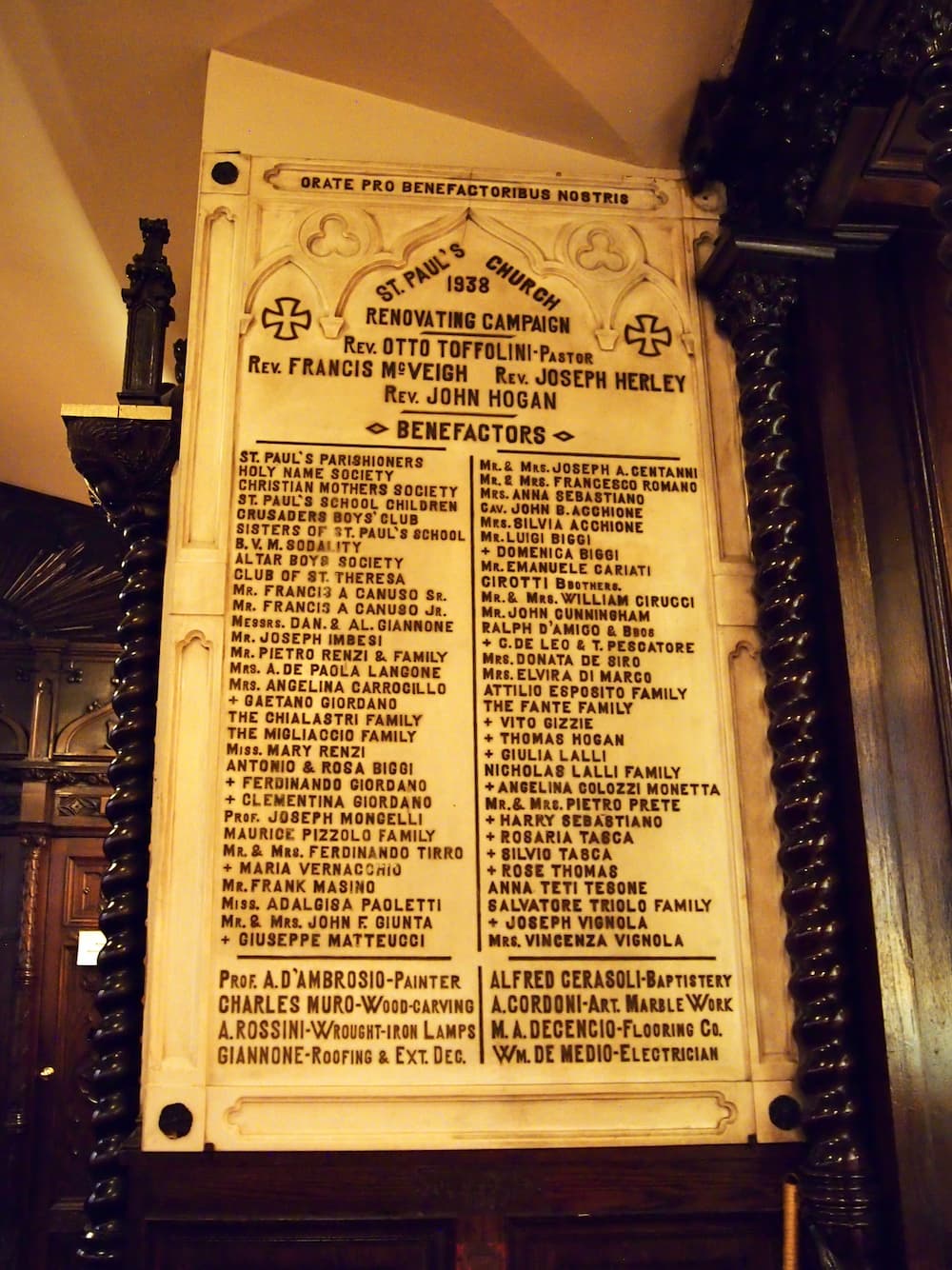 A plaque inside the church detailing the 1938 renovation company