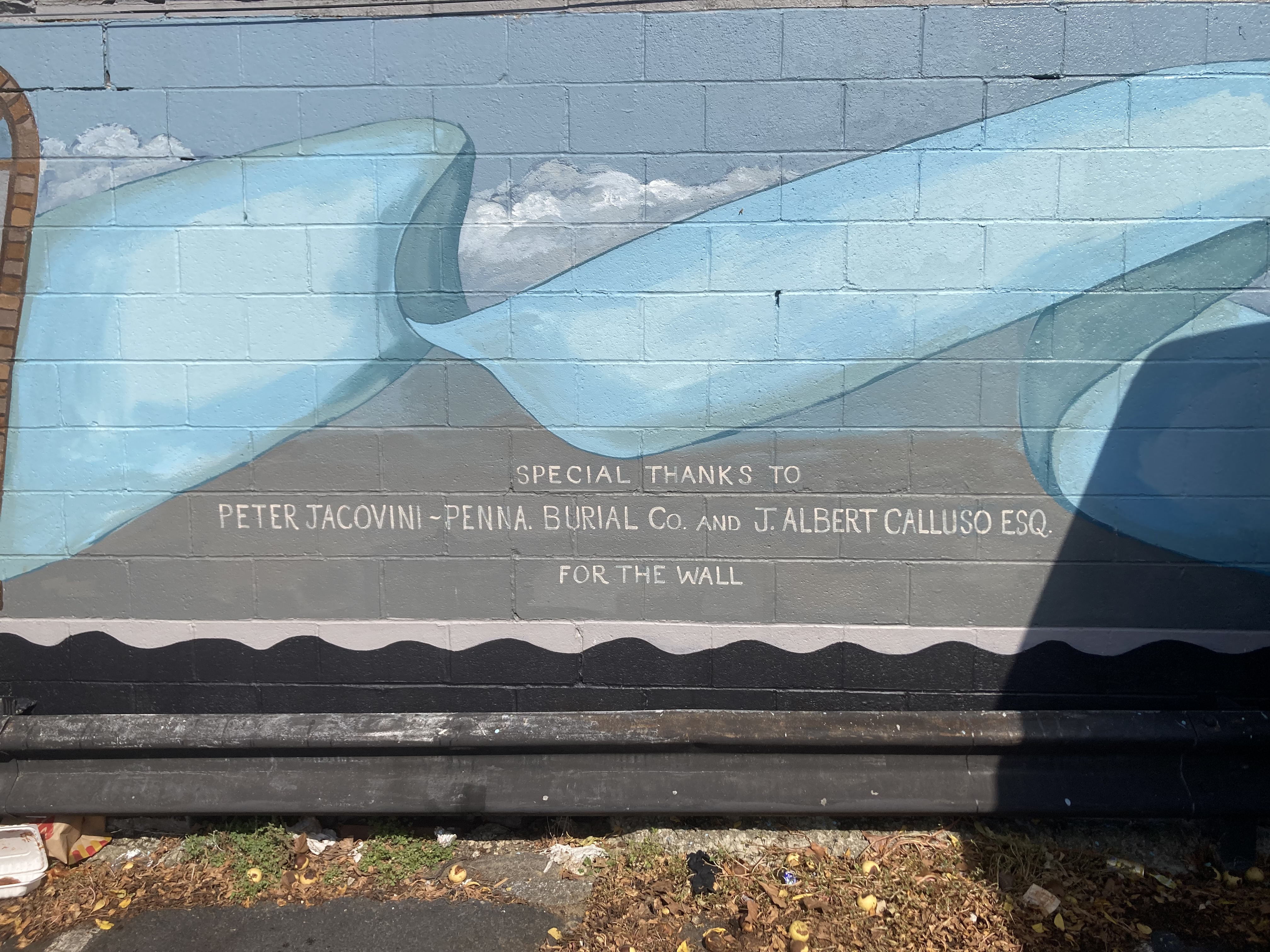 A zoomed-in extension of the cyan curtain that starts in the main image, which flows across. Beneath it, in white text on gray background, a special thanks “for the wall.”