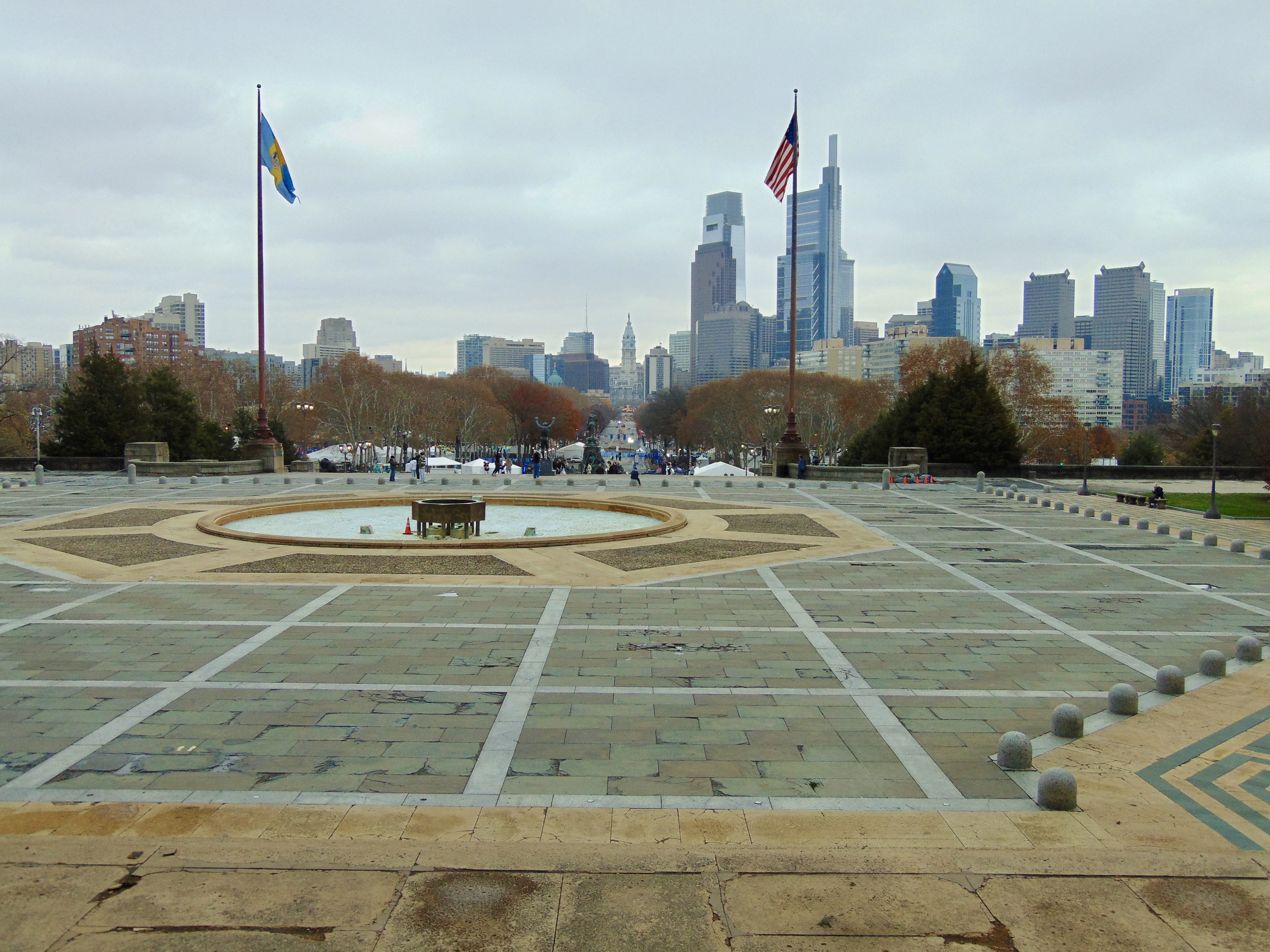 View from Philadelphia Art Museum facing the Benjamin Franklin Parkway. Skyscrapers and City Hall in the distance. 